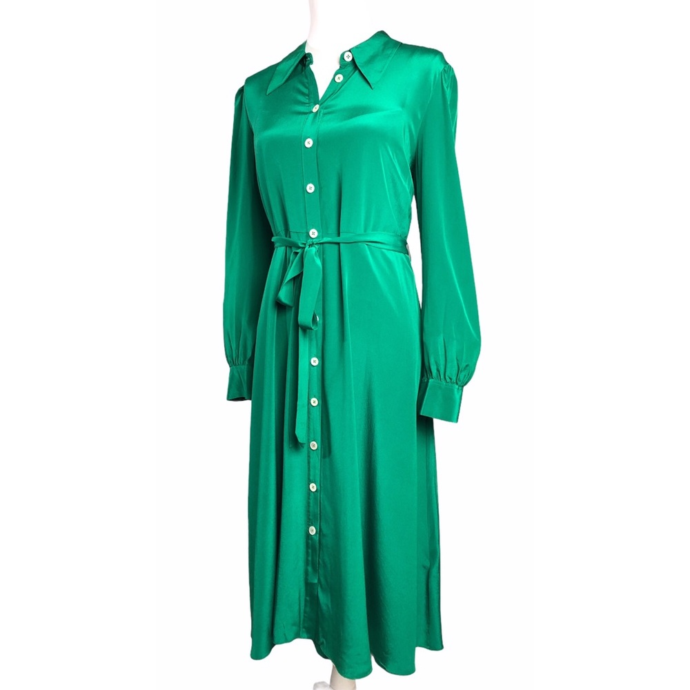 LK Bennett Silk Dress- Runa green button front Long Sleeve midi Shirt Dress - Picture 4 of 8